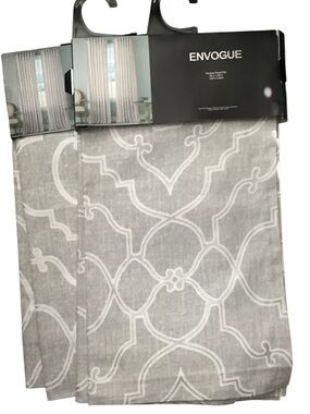 NWT 2sets 4 panels ENVOGUE Light Gray and White Trellis and silver Curtain Panel